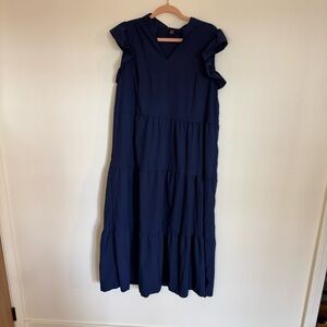 Womens XL Navy Ruffle Sleeve Tiered Maxi Dress- wedding date formal summer
